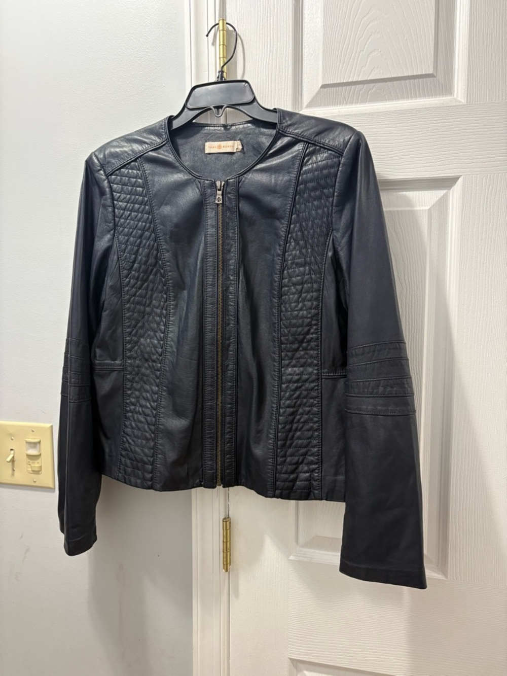 Tory Burch Daphne Lambskin Cropped Leather Jacket Navy Size 14